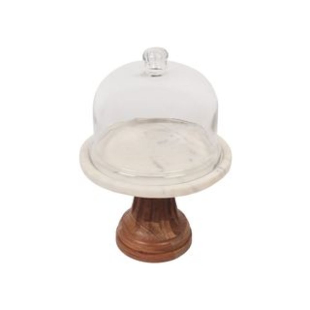 Acacia Wood & Marble Cake Stand With Dome NWT